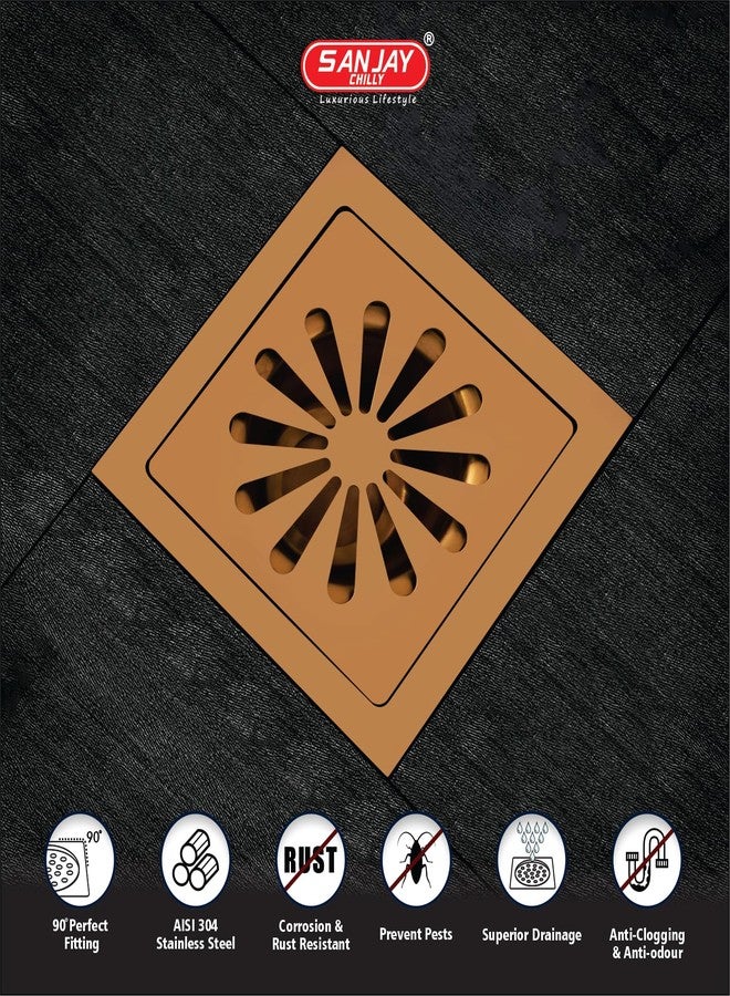 Sanjay Chilly Square Ezee SS Floor Drain Colour Collection for Bathroom Gratings 304 Grade Sink Top Cover Jali Washbasin Bathtub Waste Water Drain Strainer in Toilet (TOF Rose Gold 5x5 INCH) - Image 5